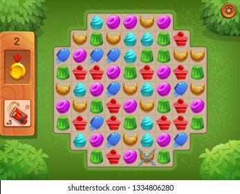 Match 3 game background and items in theme of sweets. Vector illustration.