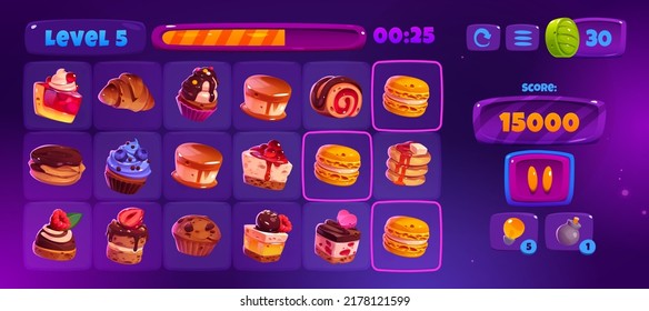 Match 3 game interface with cute cakes icons, buttons and assets. Vector cartoon illustration of mobile game match three with sweets and desserts signs, progress bar, score and clock