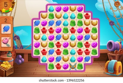 Match 3 game, items in theme of sweets on the cartoon ship deck background. Vector illustration.
