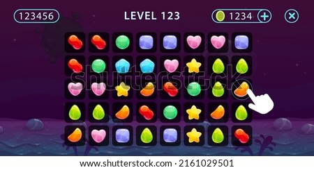 Match 3 gaming screen. Cartoon GUI with game board, colorful jelly assets, panels and fantasy background. Vector game UI design.