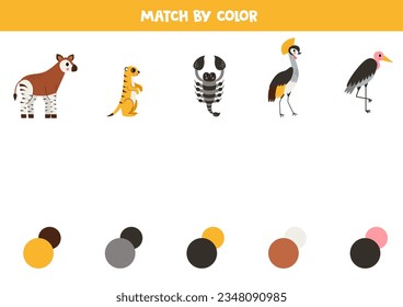 Match African animals and colors. Educational worksheet for kids. Cute cartoon buffalo, giraffe, hippopotamus, hyena, vulture.