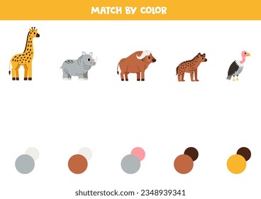 Match African animals and colors. Educational worksheet for kids. Cute cartoon buffalo, giraffe, hippopotamus, hyena, vulture.