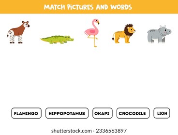 Match African animals pictures and words. Educational logical game for kids. Wild animals.