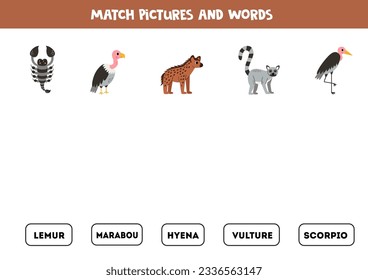 Entspricht afrikanischen Tieren und Wörtern. Lernlogisches Spiel für Kinder. Wilde Tiere.