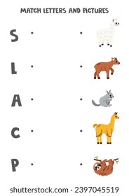 Match alphabet letters and pictures. Educational logical game for kids. South American animals.