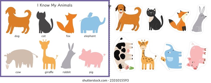 Match the animals activity for kids. Matching game with cute characters. Learning animals for toddlers. Cut and glue worksheet. Vector illustration