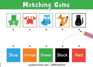 Match Animals By Color. Educational Game For School And Preschool. Sorting Activity Puzzle For Kids - Blue, Orange, Green, Black, Red. Vector Illustration