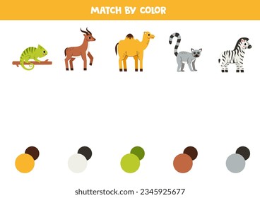 Match animals and colors. Educational worksheet for kids. Cute cartoon chameleon, antelope, camel, lemur and zebra.