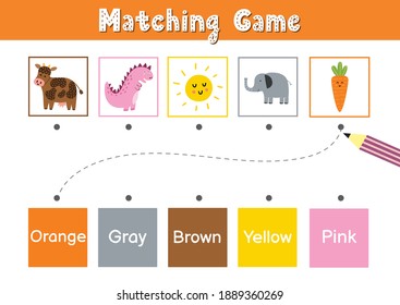 Match animals and elements by color. Educational game for school and preschool. Sorting activity puzzle for kids - orange, brown, gray, yellow, pink. Vector illustration