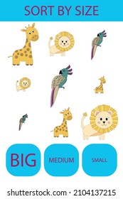 Match the animals giraffe, lion, parrot by size large, medium and small. Children's educational game.