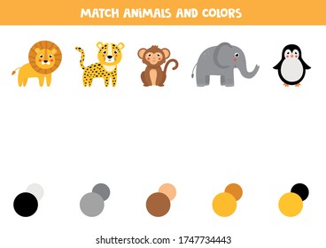 Match animals and their colors. Educational worksheet for kids. Cute cartoon lion, leopard, monkey, elephant and penguin. Printable worksheet.