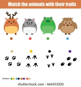 Match the animals with their trails children education game. Learning animals theme kids activity