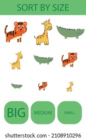 Match the animals tiger, giraffe, crocodile by size large, medium and small. Children's educational game.