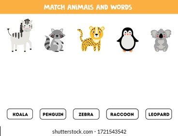 Match animals and written words. Cute cartoon animal collection. 