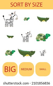 Match the animals  zebra, turtle, crocodile  by size large, medium and small. Children's educational game.