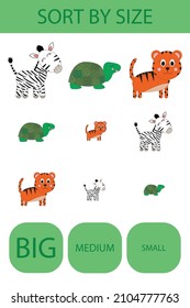 Coincide con los animales cebra, tortuga, tigre por tamaño grande, medio y pequeño. Juego educativo infantil.