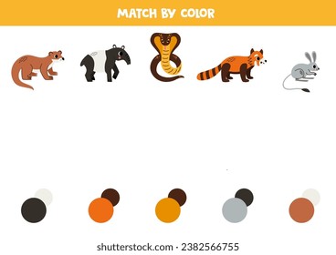 Match Asian animals and colors. Educational worksheet for kids. Cute cartoon otter, tapir, cobra, red panda and jerboa.