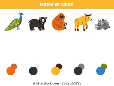 Match Asian animals and colors. Educational game for color recognition.