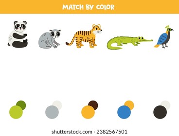 Match Asian animals and colors. Educational worksheet for kids. Cute cartoon panda, slow lori, tiger, gavial and monal.