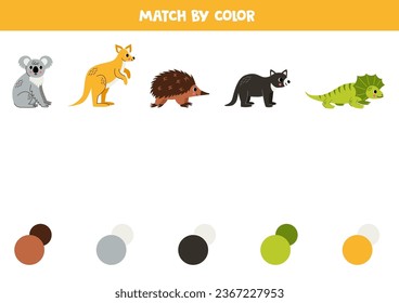 Match Australian animals and colors. Educational worksheet for kids. Cute cartoon koala, kangaroo, echidna, Tasmanian devil and lizard.