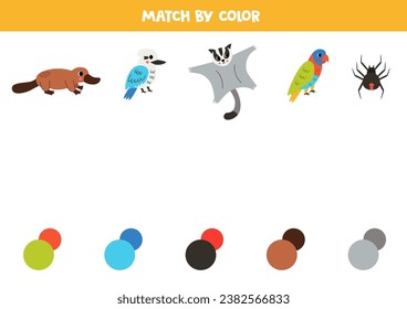 Match Australian animals and colors. Educational worksheet for kids. Cute cartoon platypus, kookaburra, sugar glider, rainbow lorikeet and red back spider.