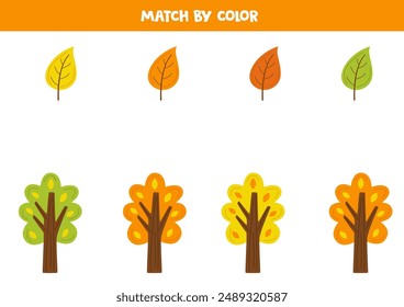 Match autumn trees and autumn leaves by colors. Educational logical game for kids.