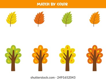 Match autumn trees and autumn leaves by color. Educational logical game for kids.