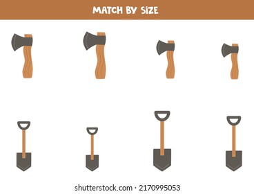 Match axes and shovels by size. Educational logical game for kids.