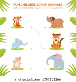 Match the Babies with their Parents, Animals Educational Fun Children Game Cartoon Vector Illustration