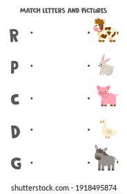 Match beginning letters and farm animals. Educational game for kids. Worksheet for children.