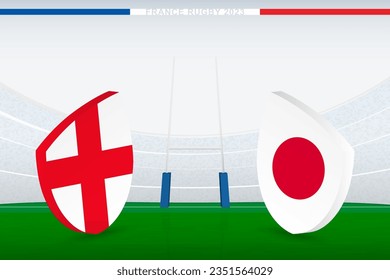 Match between England and Japan, illustration of rugby flag icon on rugby stadium. Vector illustration.
