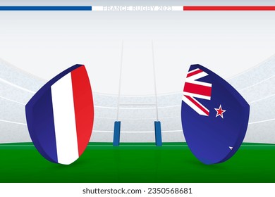 Match between France and New Zealand, illustration of rugby flag icon on rugby stadium. Vector illustration.