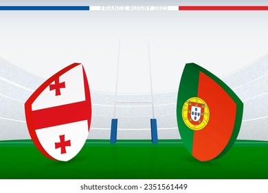 Match between Georgia and Portugal, illustration of rugby flag icon on rugby stadium. Vector illustration.