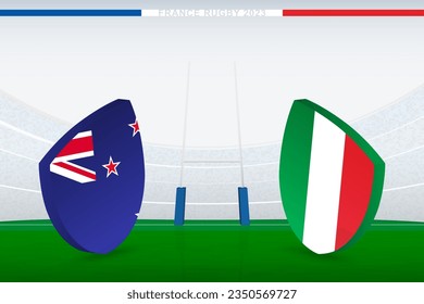 Match between New Zealand and Italy, illustration of rugby flag icon on rugby stadium. Vector illustration.