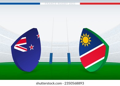 Match between New Zealand and Namibia, illustration of rugby flag icon on rugby stadium. Vector illustration.