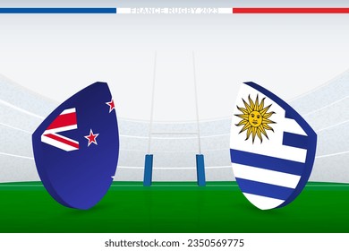 Match between New Zealand and Uruguay, illustration of rugby flag icon on rugby stadium. Vector illustration.