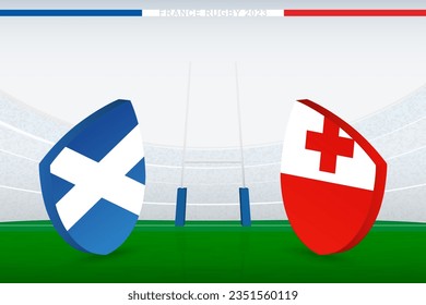 Match between Scotland and Tonga, illustration of rugby flag icon on rugby stadium. Vector illustration.
