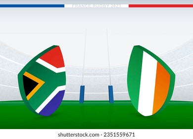 Match zwischen Südafrika und Irland, Illustration der Rugby-Flagge Symbol auf Rugby-Stadion. Vektorgrafik.