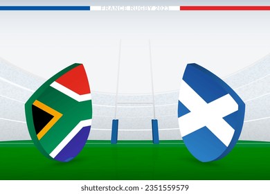 Match between South Africa and Scotland, illustration of rugby flag icon on rugby stadium. Vector illustration.