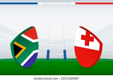 Match between South Africa and Tonga, illustration of rugby flag icon on rugby stadium. Vector illustration.