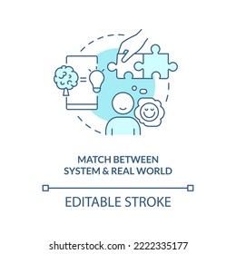 Match Between System And Real World Turquoise Concept Icon. UX Design Rule Abstract Idea Thin Line Illustration. Isolated Outline Drawing. Editable Stroke. Arial, Myriad Pro-Bold Fonts Used