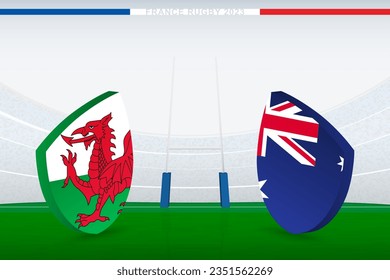 Match between Wales and Australia, illustration of rugby flag icon on rugby stadium. Vector illustration.