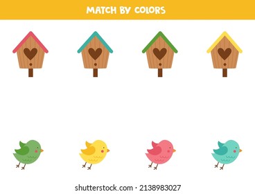 Match birds and birdhouses by colors. Educational logical game for kids.