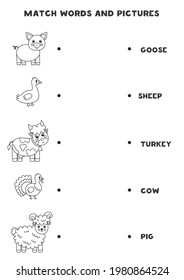 Match black and white farm animals and the words. Educational logical game for kids.