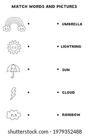 Match black and white weather elements and the words. Educational logical game for kids.