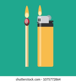 a match and a blue gas lighter each with flaming fire. Stock flat vector illustration.