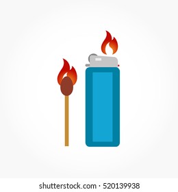 a match and a blue gas lighter each with flaming fire