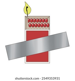 Match box with burning match attached adhesive tape. Matchbox isolated white background. Vector illustration in trendy conceptual art gallery style.