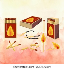 match , match box, burning match, watercolor red background