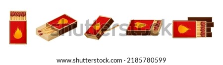 Match box with burnt sticks. Set of matchsticks. Cartoon spark bonfire vector illustration.